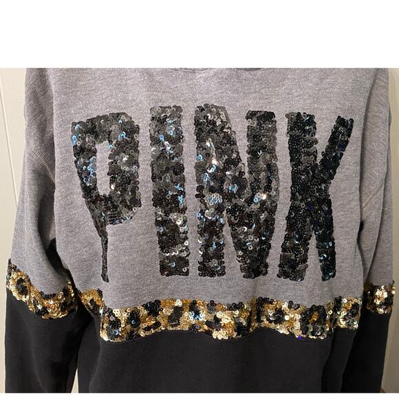 Victoria’s Secret PINK Sequin Leopard Colorblock Hoodie Sweatshirt Med Bling - Picture 2 of 9